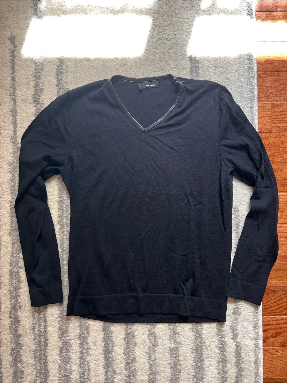 The Kooples Men’s Size S Merino Wool V-Neck Sweater with Lambskin Leather Trim